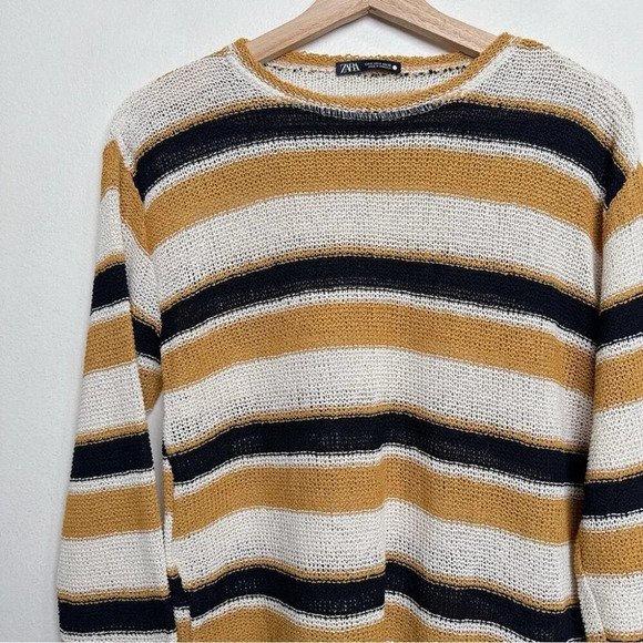 Zara Womens  Small Striped Rustic Mustard Cotton Knit Sweater - Picture 7 of 13